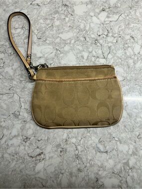 Coach Khaki Signature Canvas Wristlet with Tan Trim